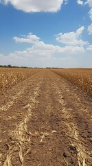 Drought-impacted farmland with withered crops under clear blue sky.
