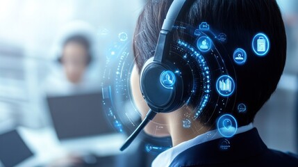 Customer service agent wearing headset, digital interface overlay.