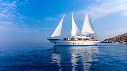 Fototapeta premium Majestic Sailboat with White Sails on a Clear Blue Sea Adventure : Generative AI