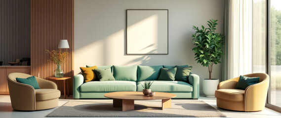 sunlit living room with green sofa beige armchairs