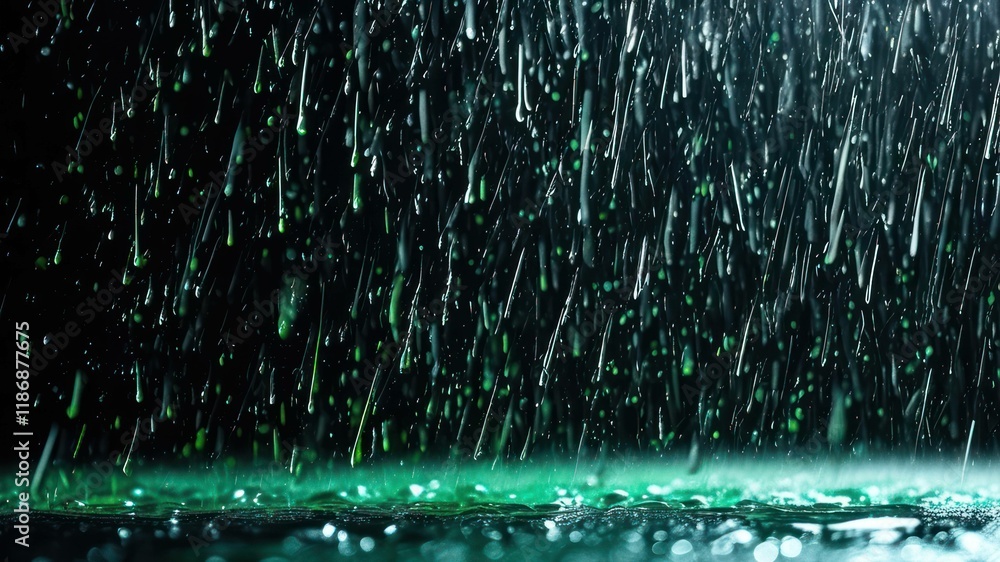 Poster close up view of rain falling with green highlights, creating a calming and tranquil atmosphere of n
