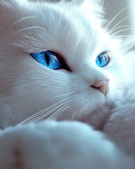 Close-up of a white cat with bright blue eyes.