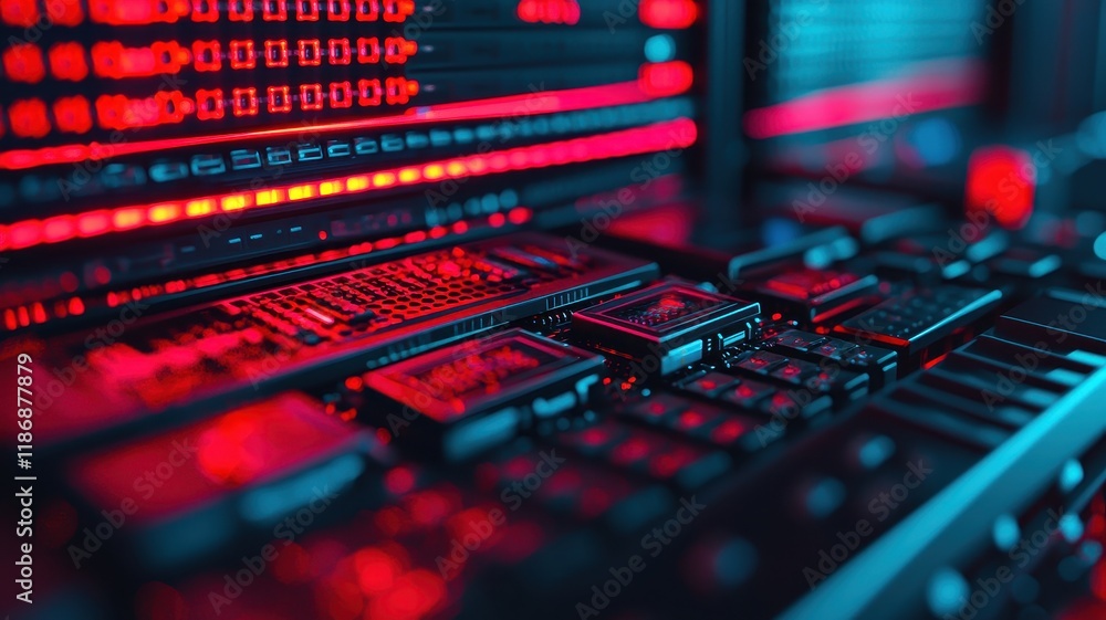 Poster a close-up of a digital interface featuring glowing buttons and lights, showcasing a high-tech envir