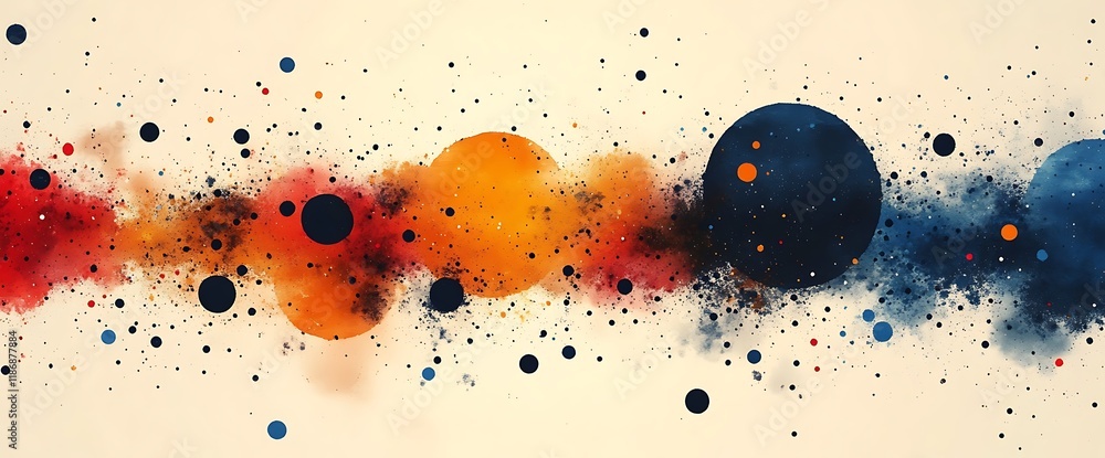 Poster abstract art with colorful circles and splatters on a light background.