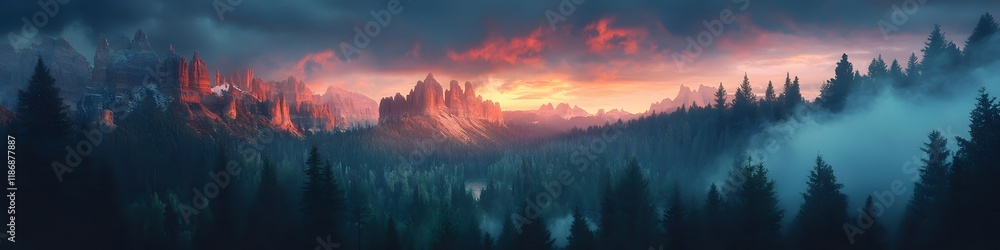 Aufkleber panoramic view of the sandstone pillars glowing under fiery sunset hues, with dense forests and soft