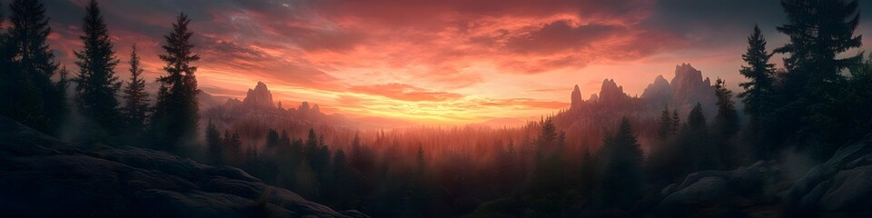 Fototapeta premium Panoramic view of the sandstone pillars glowing under fiery sunset hues, with dense forests and soft clouds adding depth, in 4K resolution
