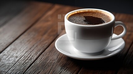 Perfectly Brewed Cup of Coffee in White Ceramic Mug on Rustic Wooden Table Surface : Generative AI