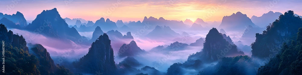 Aufkleber panoramic view of the sandstone peaks glowing under the soft hues of sunset, with swirling mist and 