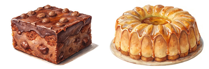 Delicious dessert illustrations, chocolate brownie, golden bundt cake, watercolor style, food art, bakery display.
