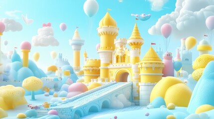 Yellow castle in a whimsical candyland landscape with balloons and pastel colors.