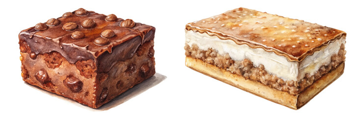 Delicious dessert illustrations, chocolate brownie, creamy layered cake, watercolor style, enticing food art, sweet treats.