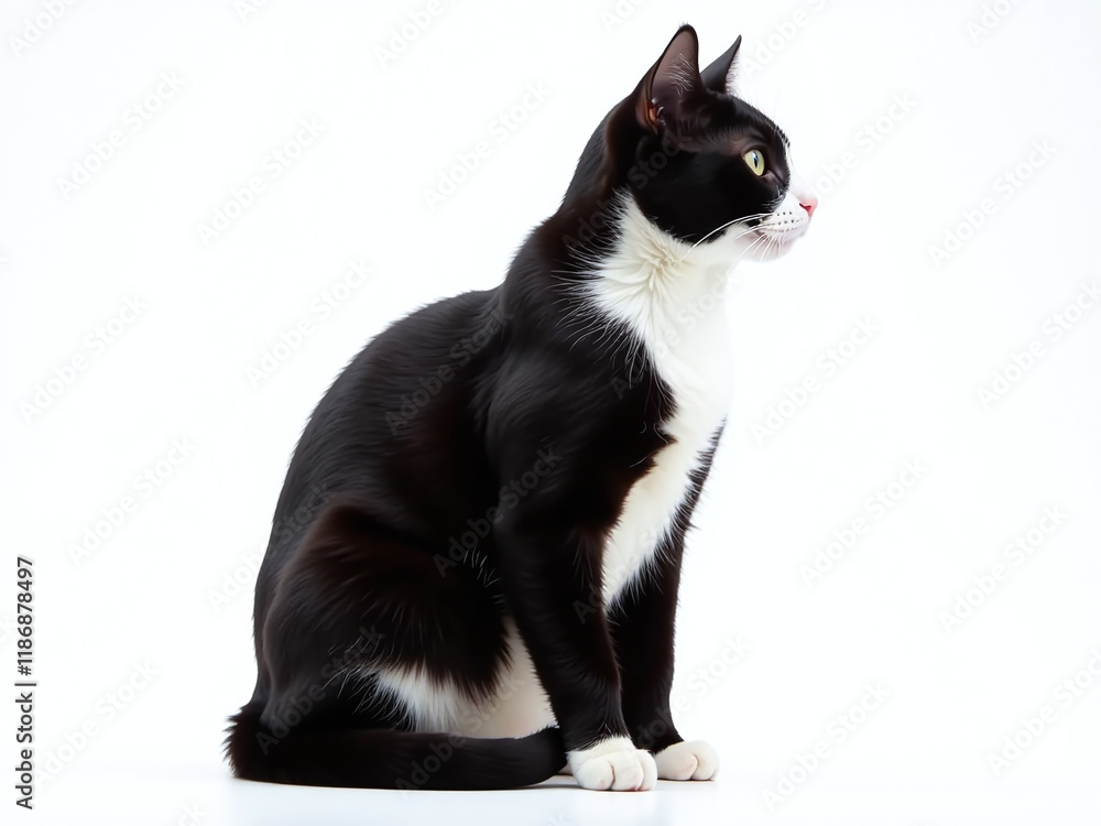 Poster a sitting black and white cat is isolated on a white background in this graphic profile. 00001