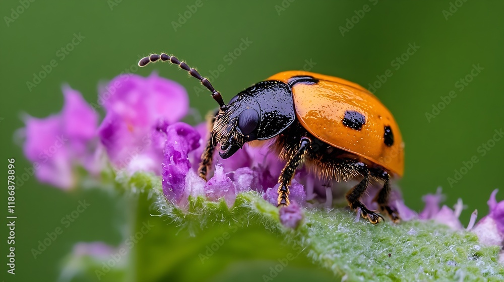 Poster closeup of a vibrant beetle on purple flowers with a soft focus green background : generative ai