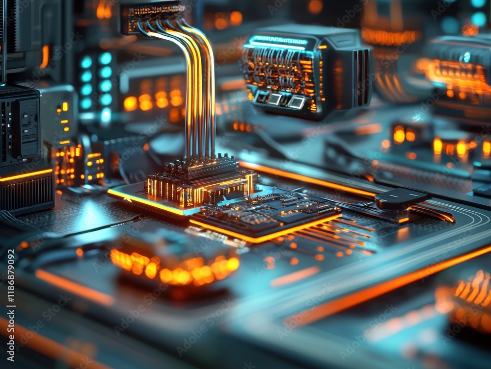 Poster a vibrant close-up of a circuit board with glowing components and intricate connections, showcasing 