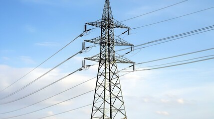 High-voltage power line tower against a clear blue sky.