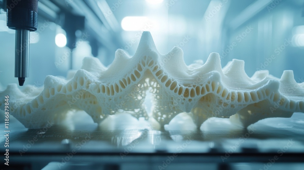 Poster modern 3d printer is creating a complex, porous, white structure layer by layer, showcasing the prec