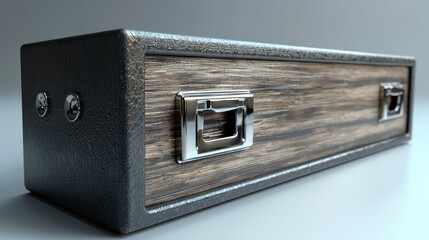 Rectangular wooden box with dark gray textured sides and metallic clasps.
