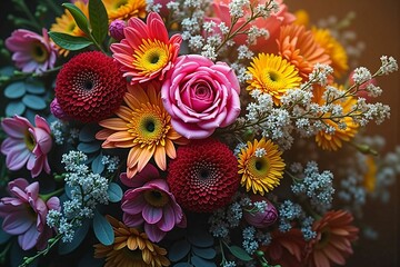 Vivid and Colorful Mixed Flower Bouquet Still Life with Elegant Floral Arrangement and Fresh Blooms