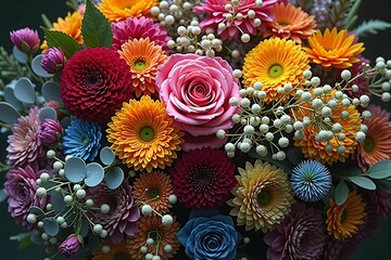 Naklejka premium Vivid and Colorful Mixed Flower Bouquet Still Life with Elegant Floral Arrangement and Fresh Blooms