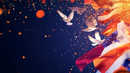 Celebrate Victory in Europe Day with glowing flags and doves in an elegant historic setting