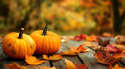 Harvest season pumpkins with colorful autumn leaves on rustic wooden table : Generative AI
