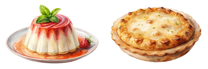 Delicious dessert illustrations, creamy panna cotta, golden pie crust, vibrant colors, artistic food photography.