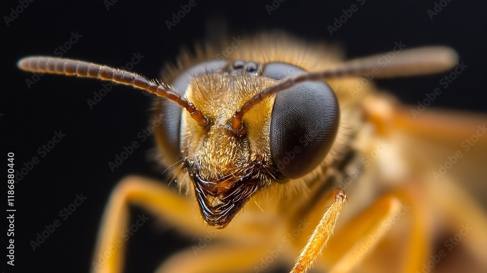Poster macro closeup image of a bee on a flower highlighting wing and facial detail : generative ai