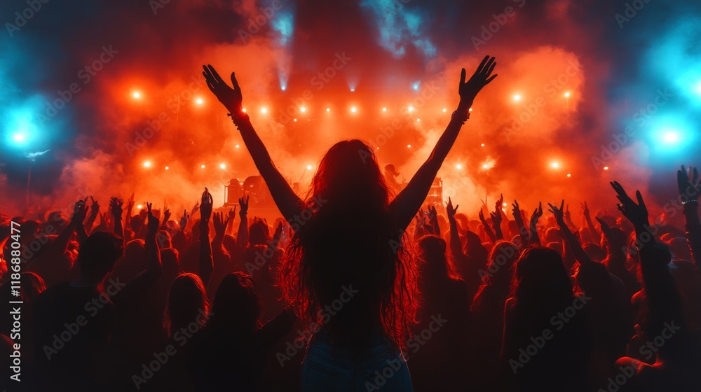 Poster a large crowd enjoys an animated concert at night, with colorful lights illuminating the scene. peop