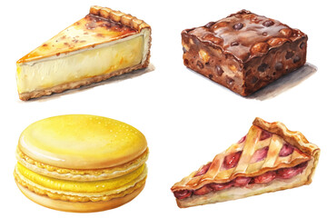 Delicious dessert illustrations, creamy cheesecake slice, rich brownie, vibrant macarons, fruity pie slice.