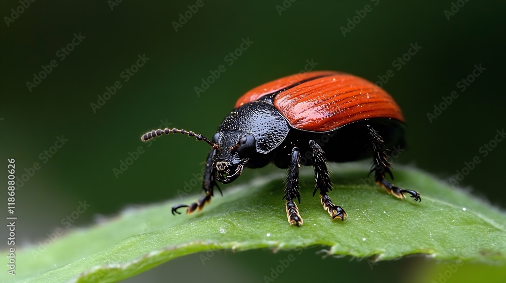 Poster Close Up of Colorful Beetle on Green Leaf with Detailed Texture and Background : Generative AI