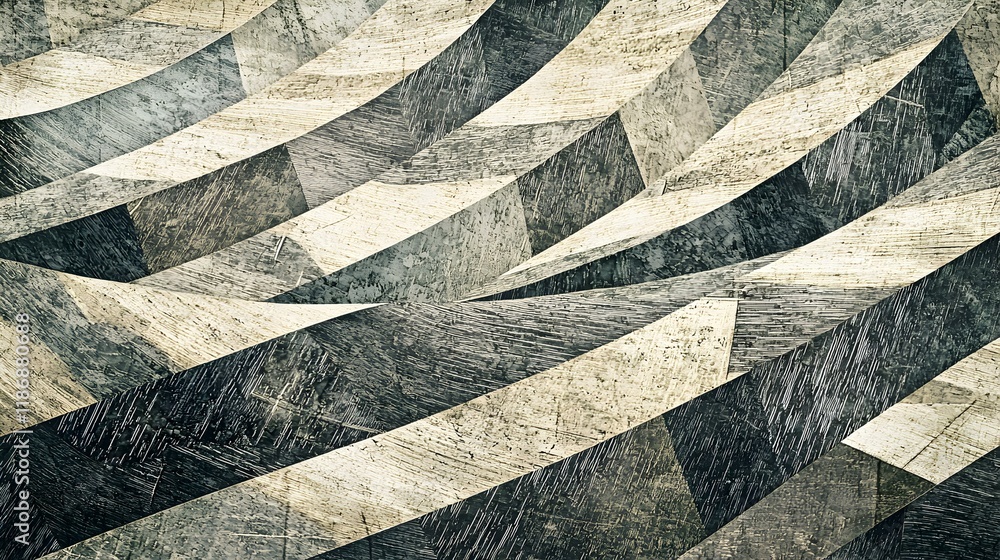 Poster abstract geometric pattern with textured, grayscale stripes creating a dynamic, wave-like effect. id