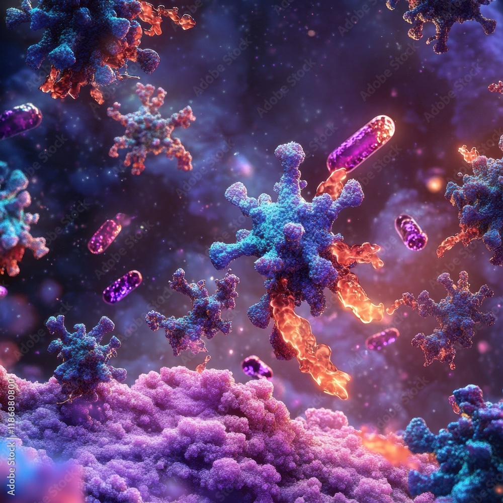 Leinwandbilder antibodies actively defending the body by attacking a virus in a microscopic environment. generative