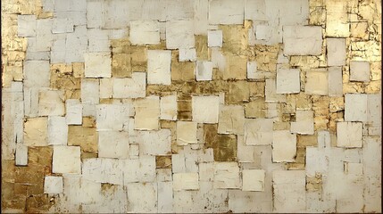 Abstract Gold and Beige Mosaic Painting.  A textured artwork with gold leaf accents. Perfect for modern interiors or art projects.