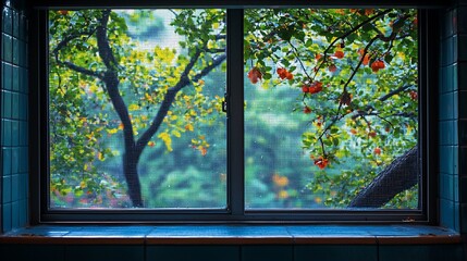 Rainy autumn day view through window with tree branches and colorful leaves.