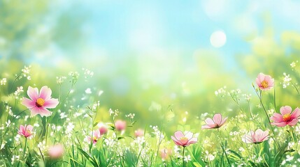 Lush Meadow Under Clear Blue Sky in Vibrant Spring Atmosphere