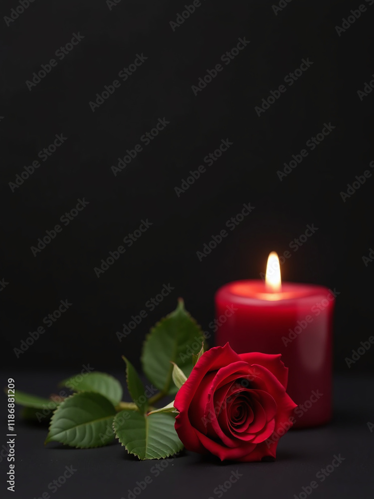 Poster a simple red rose is placed next to a candle on a dark black background in a copy space banner desig