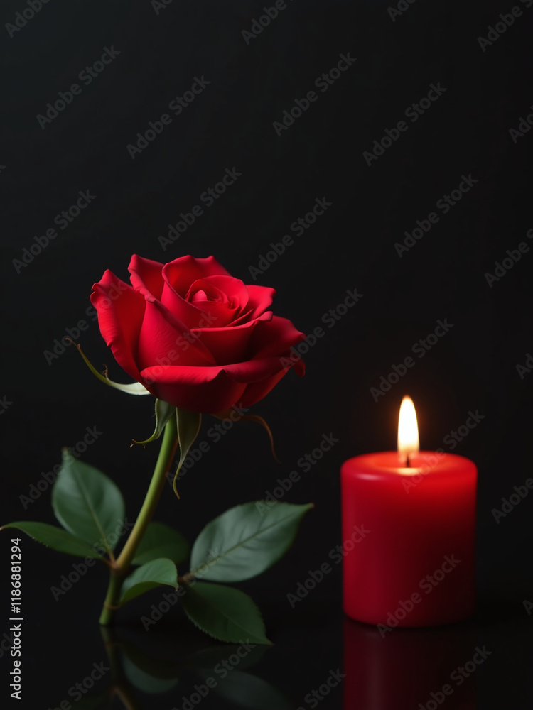 Poster a simple red rose is placed next to a candle on a dark black background in a copy space banner desig