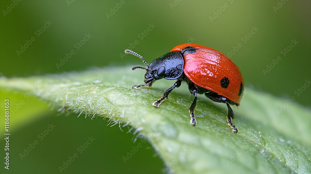 Poster macro shot of a vibrant red ladybug on green leaf in natural habitat : generative ai