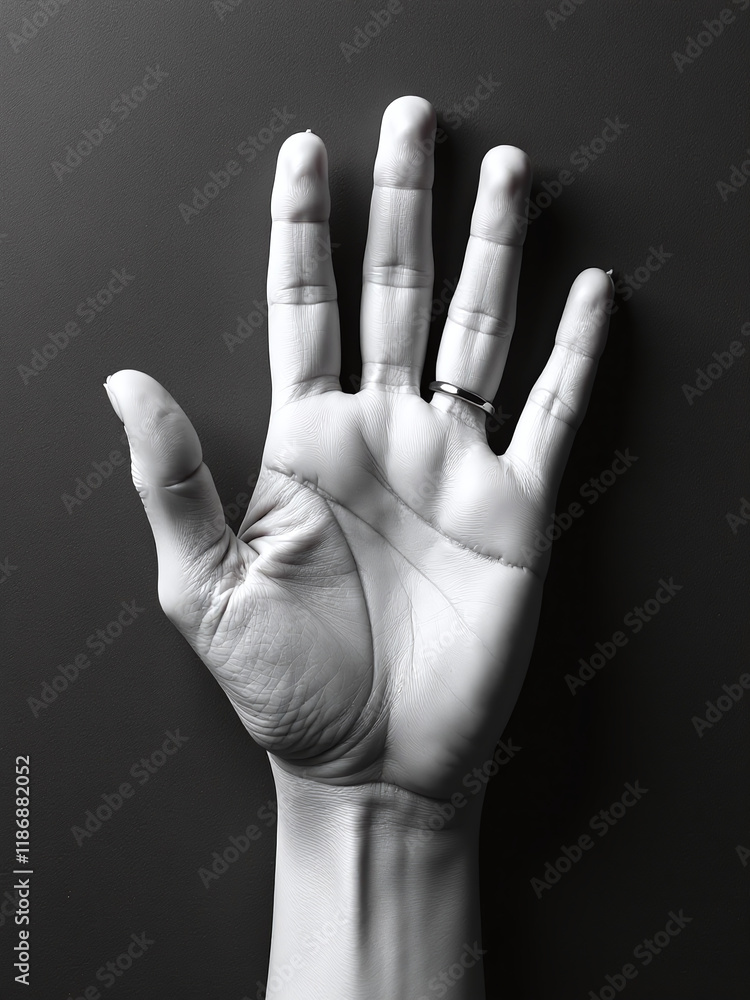 Poster a simple hand gesture stop sign against a black and white textured paper background with plenty of c