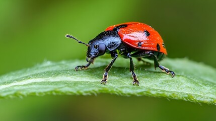 Close up of a vibrant red ladybug on a dewy green leaf in natural habitat : Generative AI