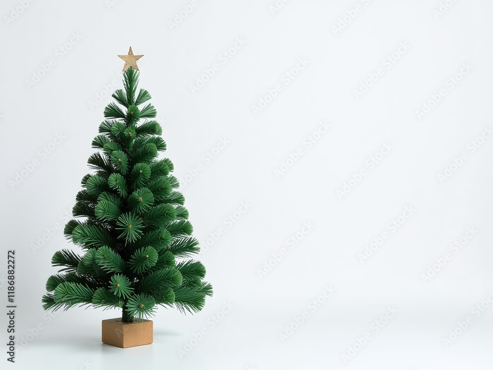 Poster a simple green christmas tree stands alone on a plain white background with plenty of space around i