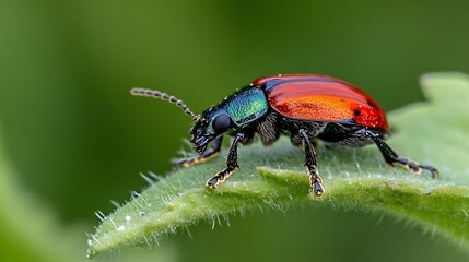 Shiny Rainbow Beetle on Fuzzy Green Leaf in Natural Habitat : Generative AI