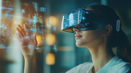 Woman using VR headset, interacting with holographic data.