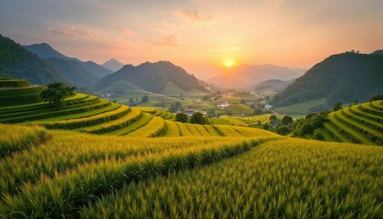 Fototapeta premium Tea plantations landscape with terraced fields and sunset over mountains.eco-tourism promotion, landscape photography, travel brochure design.Harmony. Nature. Tranquil connection with the earth. 