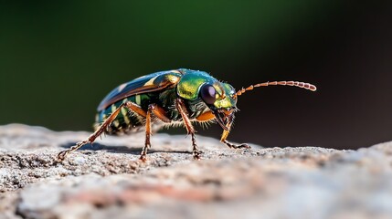 Naklejka premium Vibrant Green Tiger Beetle on Rock Surface in Natural Habitat Macro Photography : Generative AI