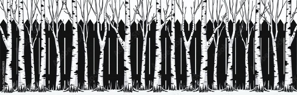Poster a simple fence is constructed from young birch trees in a striking black and white color scheme. 000