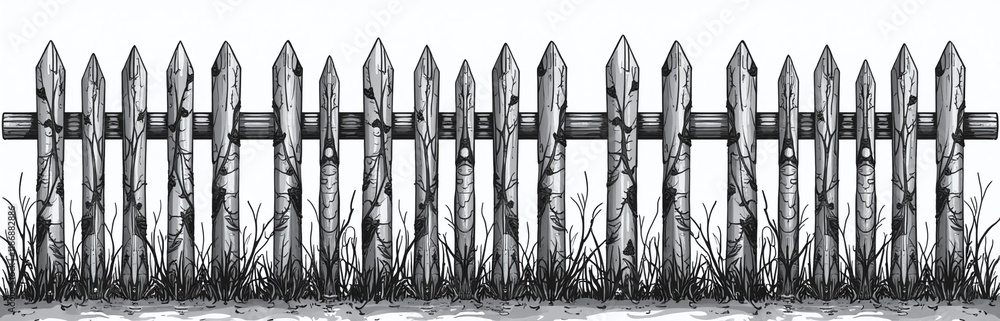 Poster a simple fence is constructed from young birch trees in a striking black and white color scheme. 000