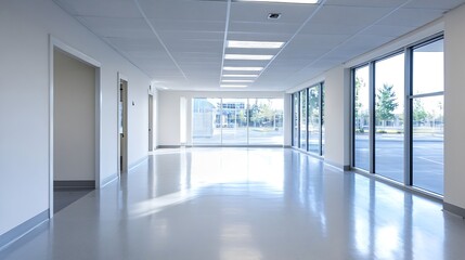 Modern Office Corridor with Glass Walls and Natural Lighting : Generative AI