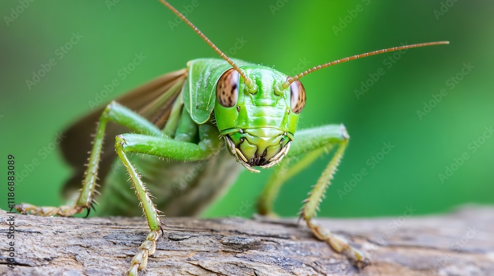 Poster closeup of a vibrant green grasshopper on a wooden branch : generative ai