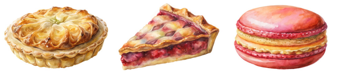Delicious dessert illustrations, watercolor style, pie and macaron, vibrant colors, food art, bakery concept.